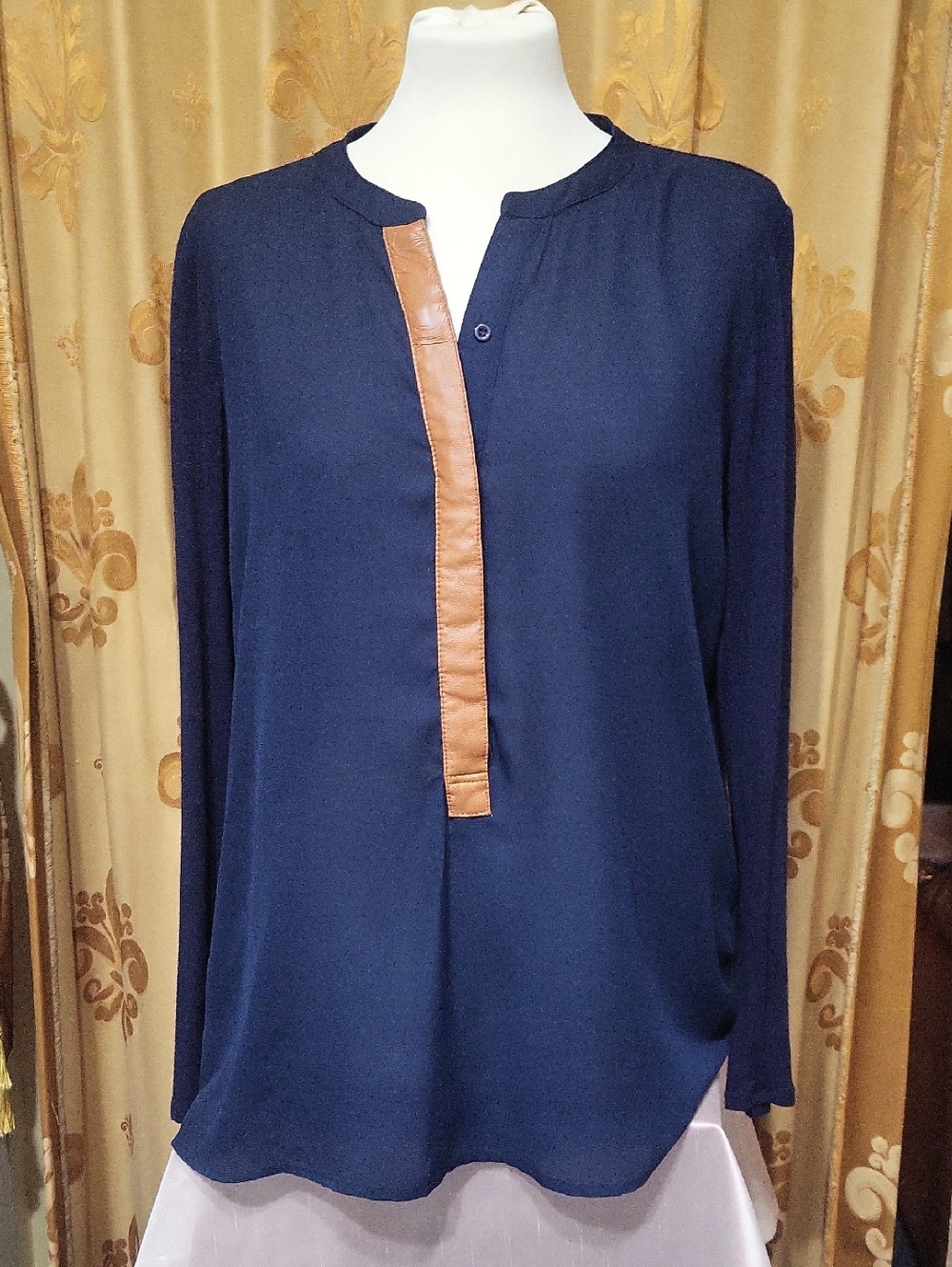 Anthro Navy Top Faux Leather Trim